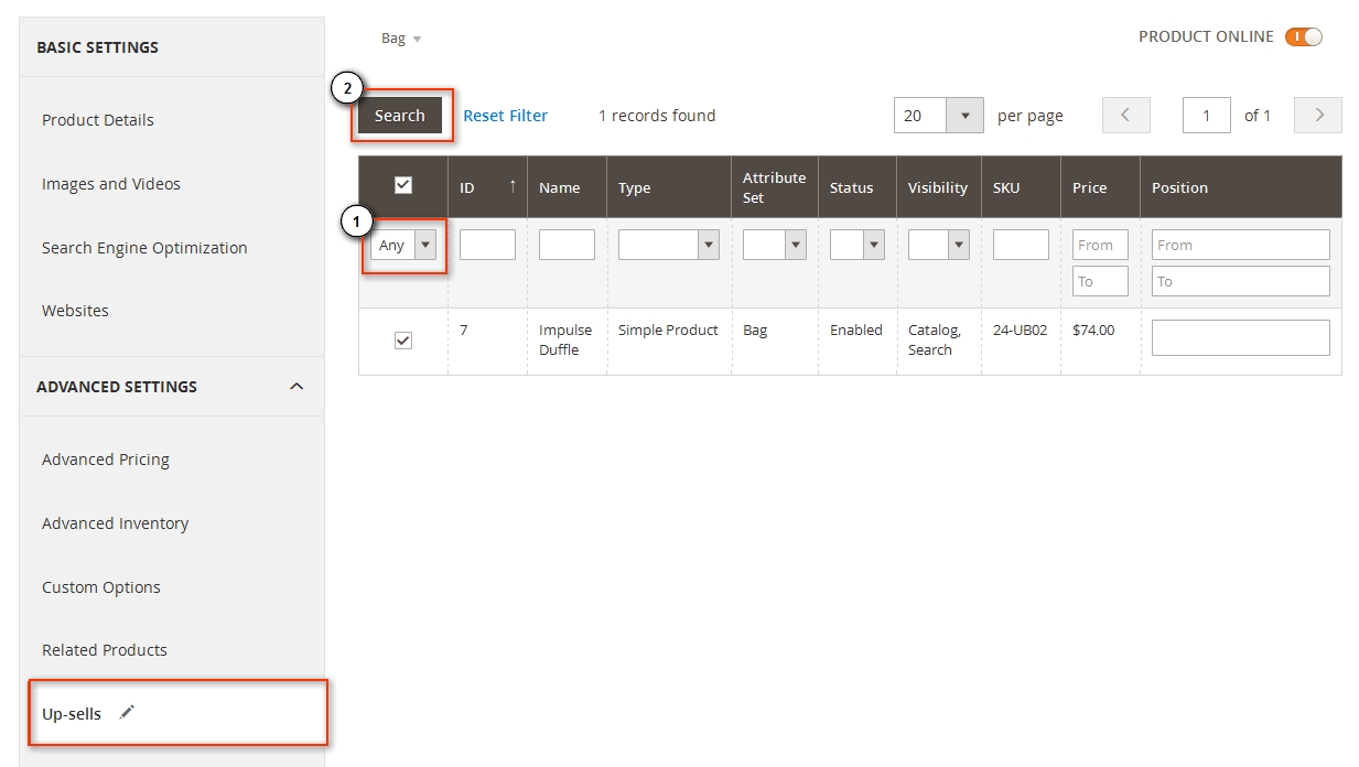 set upsell product step1